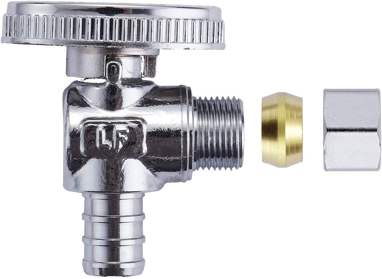 2 Pack Premium Lead-Free Brass 1/2 Inch Pex X 3/8 Inch OD Compression Quarter Turn Angle Stop Valve with 2 PCS PEX Clamp Ring