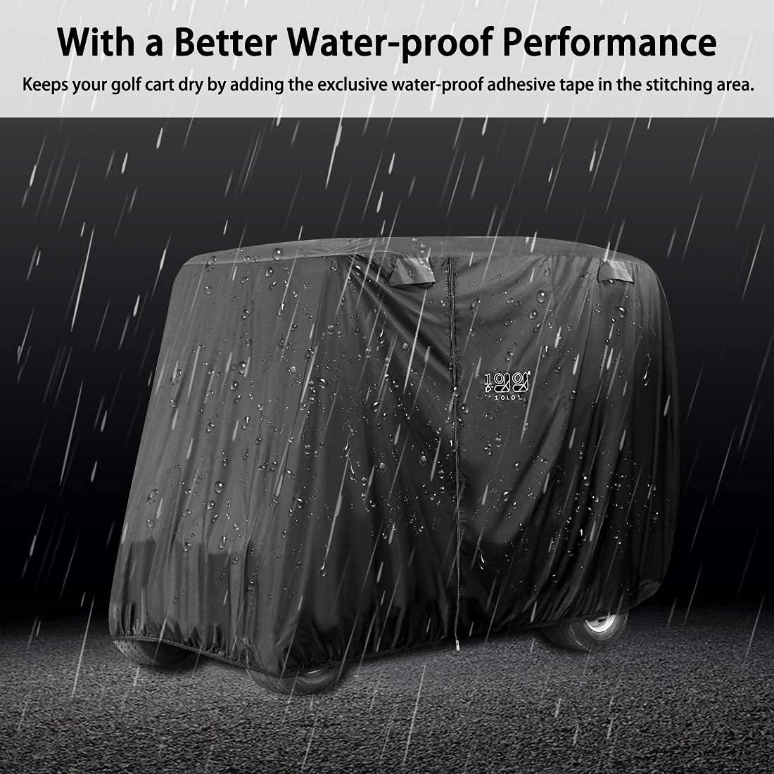 500D Waterproof Golf Cart Cover Universal Fits for Club Car, E-Z GO, Yamaha and Most Brand 4 Passenger All-Weather Polyester Full Cover with Three Zipper Doors
