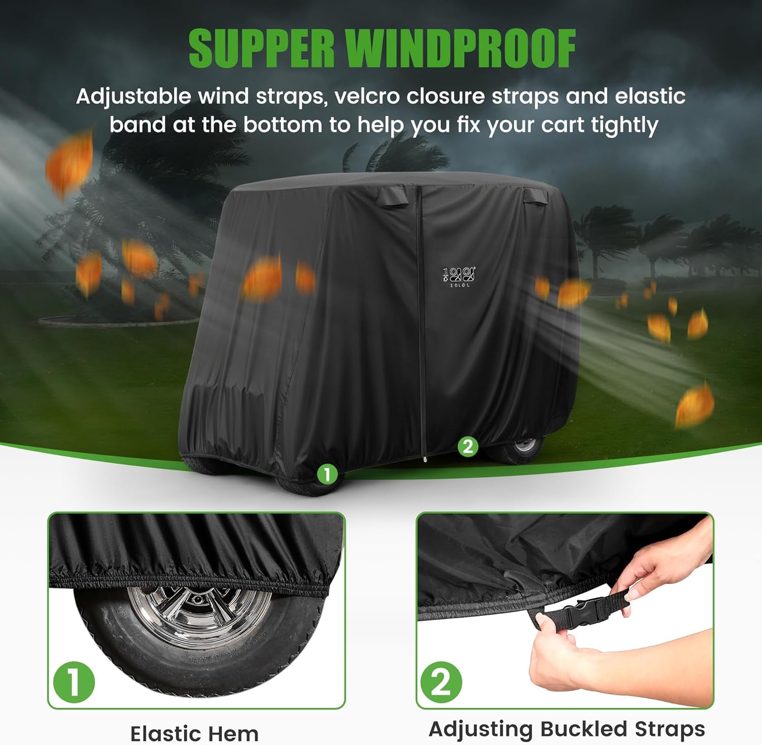 500D Waterproof Golf Cart Cover Universal Fits for Club Car, E-Z GO, Yamaha and Most Brand 4 Passenger All-Weather Polyester Full Cover with Three Zipper Doors